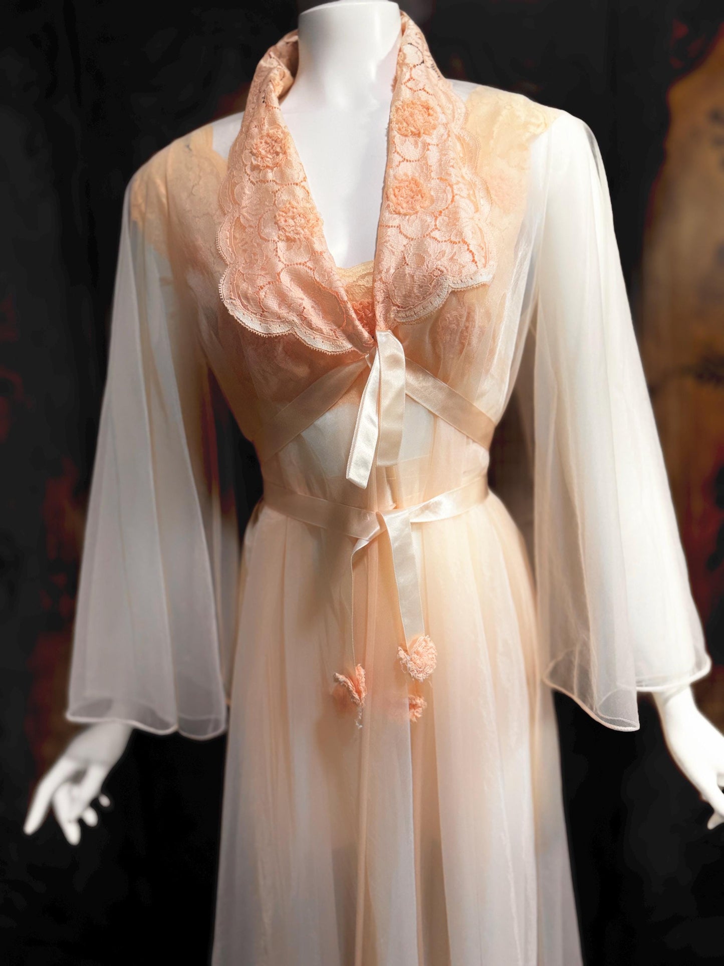 VANITY FAIR vintage Nightgown Robe Peignoir Set, 1960s Sheer peach lace pleats rosettes