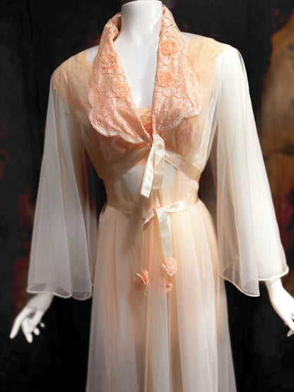 VANITY FAIR vintage Nightgown Robe Peignoir Set, 1960s Sheer peach lace pleats rosettes