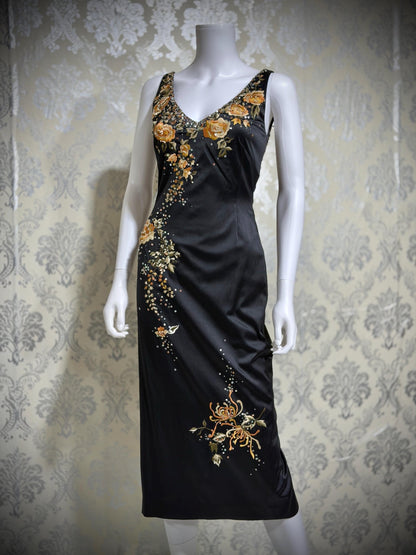 MANDALAY vintage evening cocktail dress, Y2K Embroiderd Black bodycon Midi dress