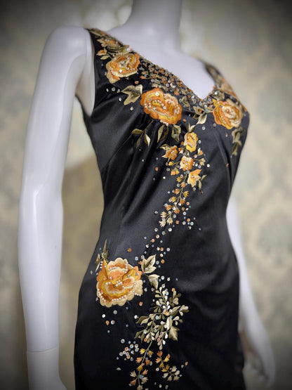 MANDALAY vintage evening cocktail dress, Y2K Embroiderd Black bodycon Midi dress