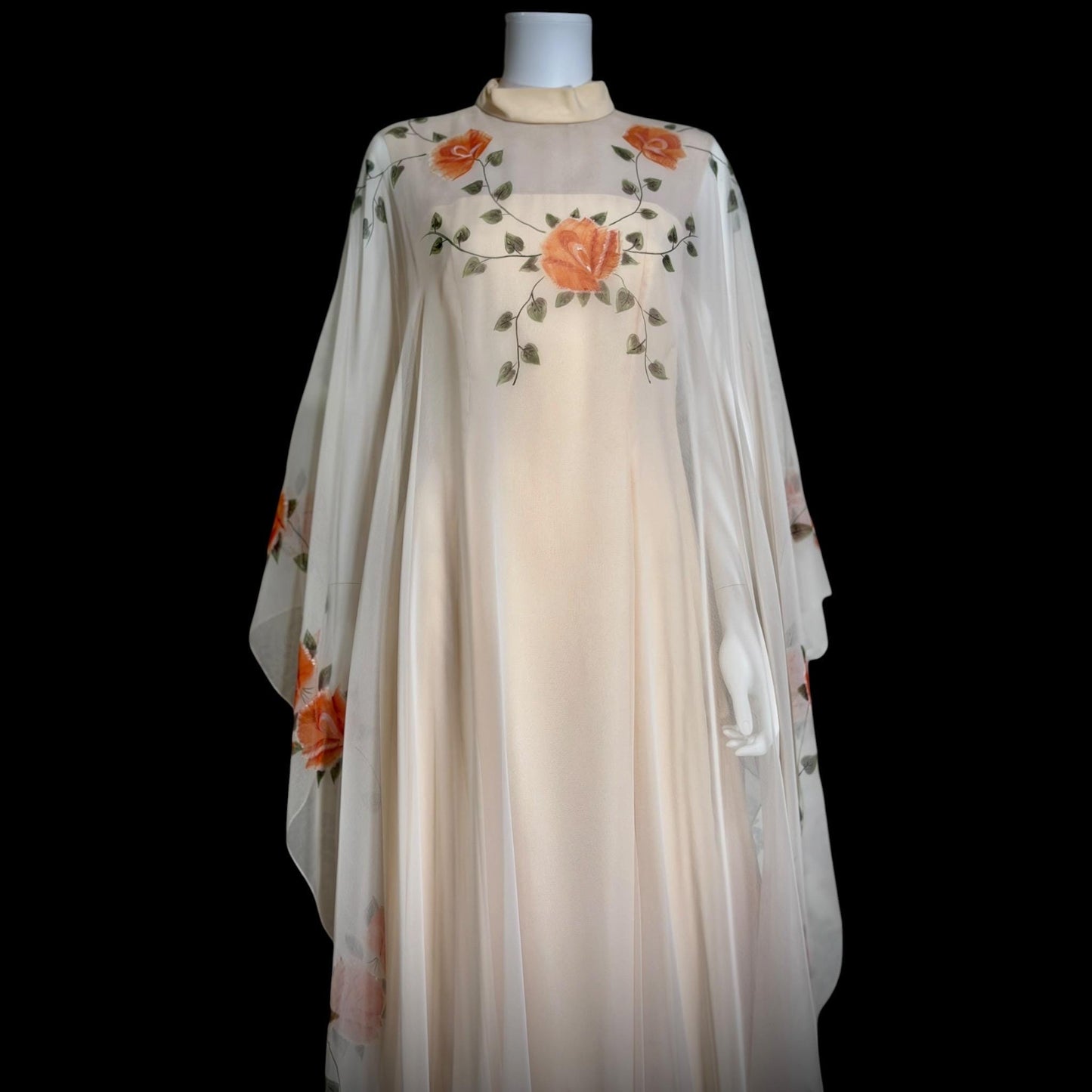 ROSE TAFT vintage evening dress gown, Hand Painted Chiffon floral caftan dress