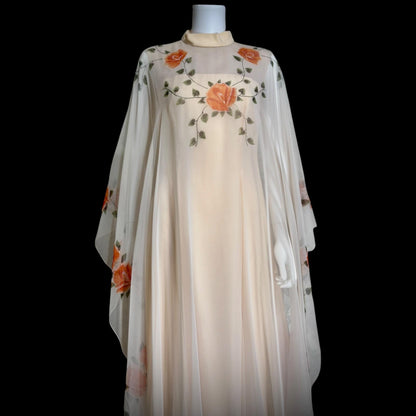 ROSE TAFT vintage evening dress gown, Hand Painted Chiffon floral caftan dress