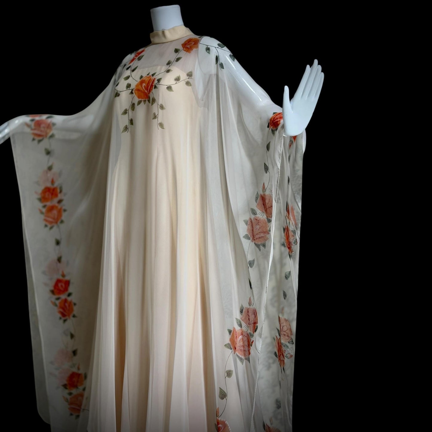ROSE TAFT vintage evening dress gown, Hand Painted Chiffon floral caftan dress