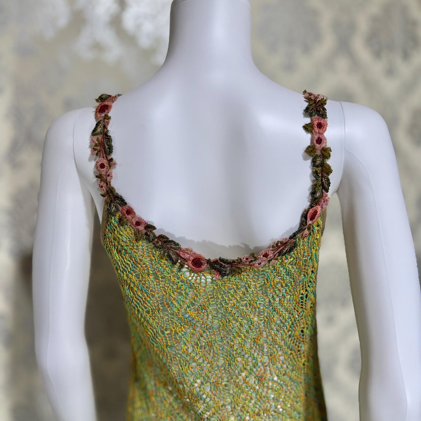 BONNIE STRAUSS Vintage 1990s Crochet Slip Dress, Stretchy Knit Midi Gown