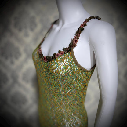 BONNIE STRAUSS Vintage 1990s Crochet Slip Dress, Stretchy Knit Midi Gown