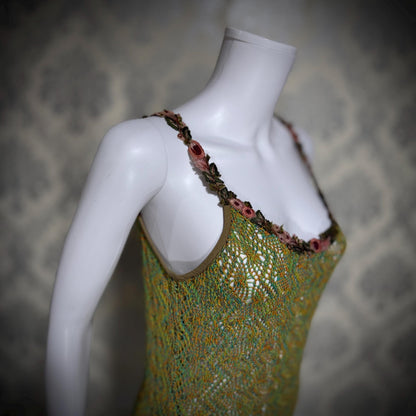 BONNIE STRAUSS Vintage 1990s Crochet Slip Dress, Stretchy Knit Midi Gown
