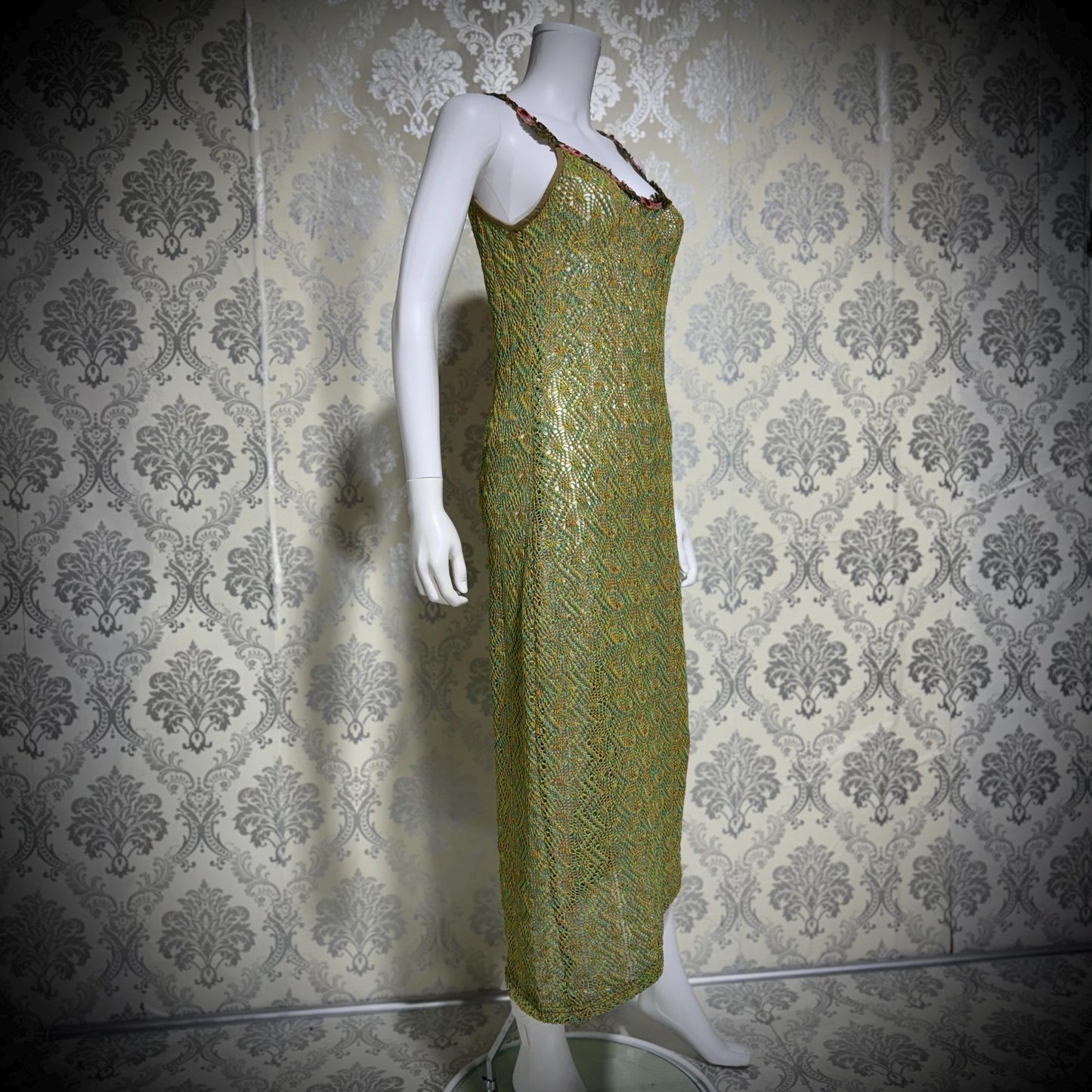 BONNIE STRAUSS Vintage 1990s Crochet Slip Dress, Stretchy Knit Midi Gown