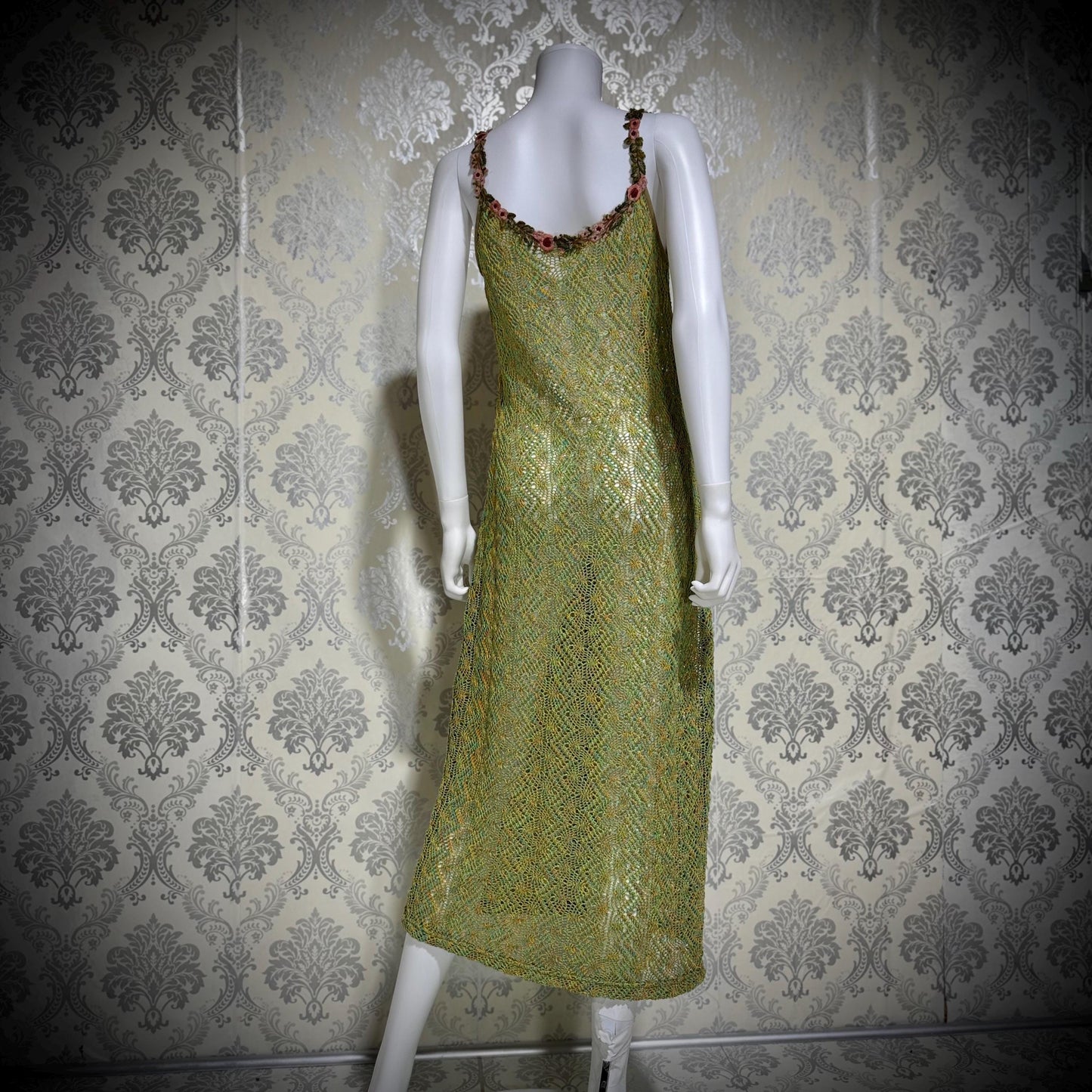 BONNIE STRAUSS Vintage 1990s Crochet Slip Dress, Stretchy Knit Midi Gown