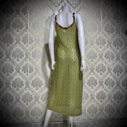 BONNIE STRAUSS Vintage 1990s Crochet Slip Dress, Stretchy Knit Midi Gown