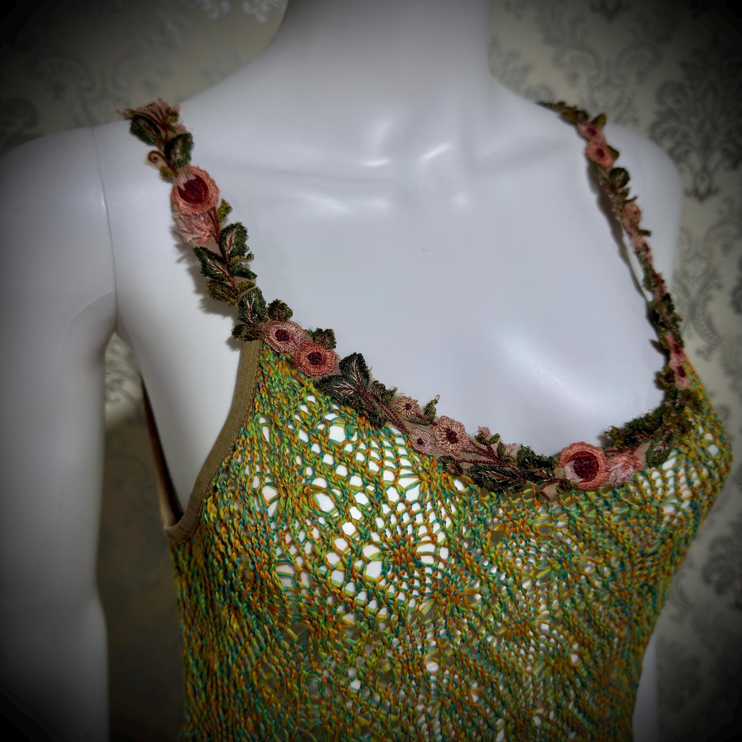 BONNIE STRAUSS Vintage 1990s Crochet Slip Dress, Stretchy Knit Midi Gown