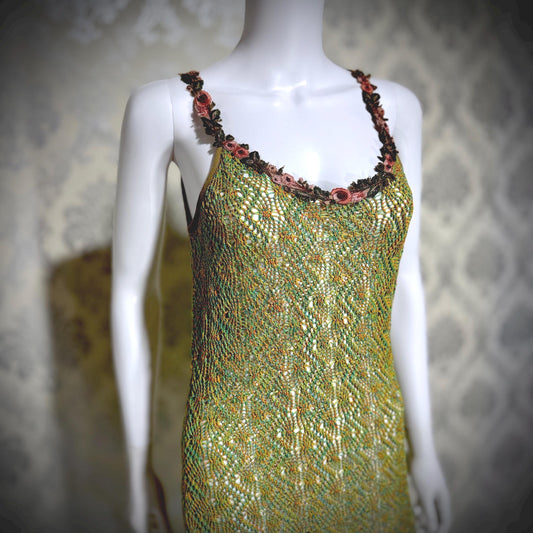 BONNIE STRAUSS Vintage 1990s Crochet Slip Dress, Stretchy Knit Midi Gown