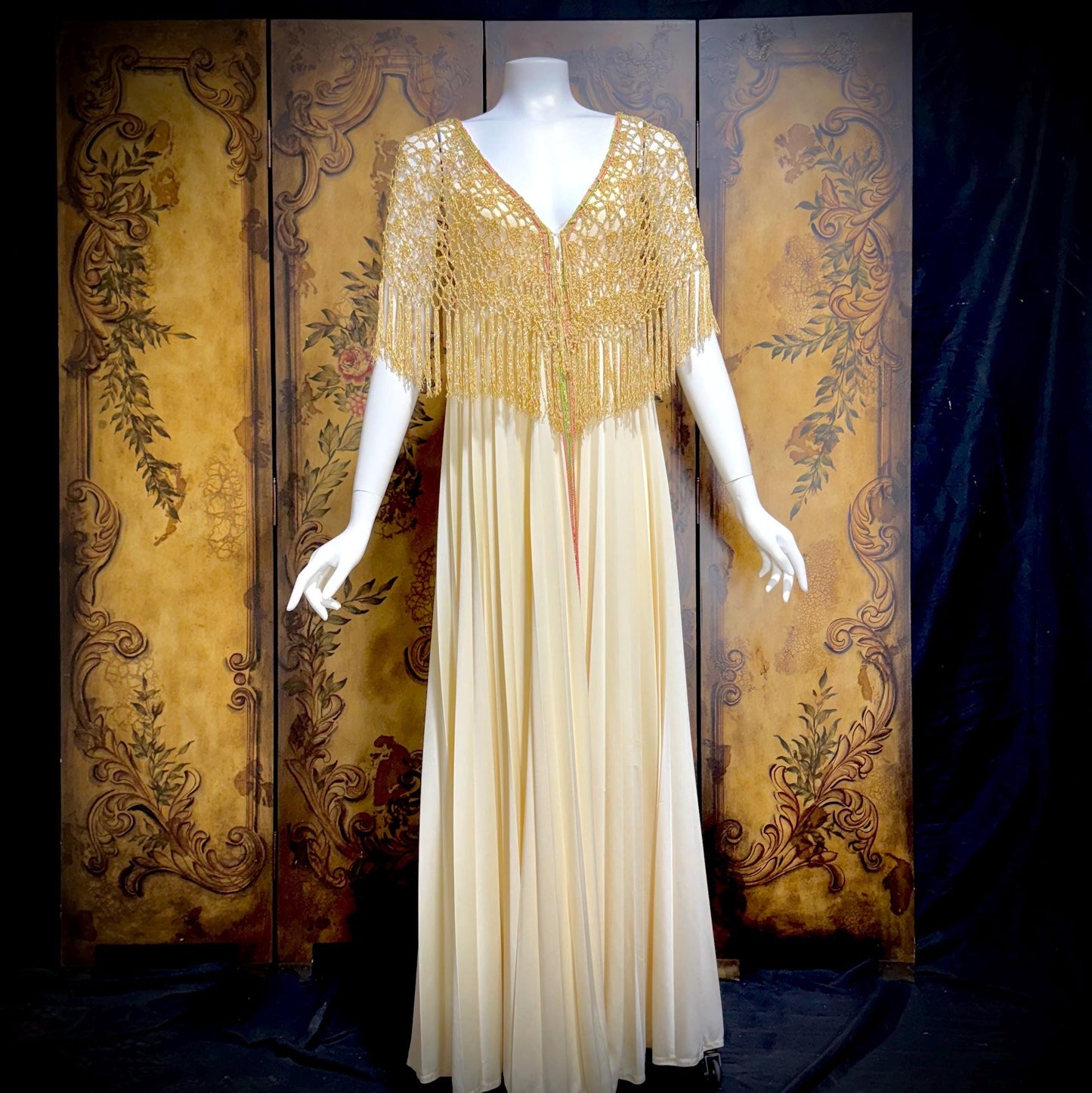 FRANK USHER vintage evening gown dress, 1970s Cream pleat Gold crochet fringe slip dress