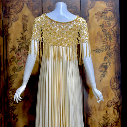 FRANK USHER vintage evening gown dress, 1970s Cream pleat Gold crochet fringe slip dress