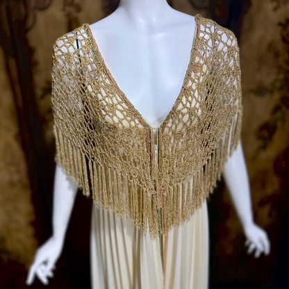 FRANK USHER vintage evening gown dress, 1970s Cream pleat Gold crochet fringe slip dress