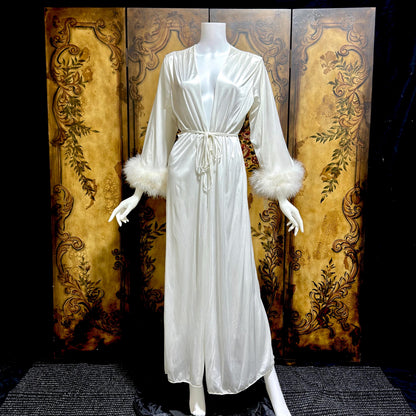 FREDERICKS OF HOLLYWOOD vintage 1970s dressing gown robe, white nylon marabou wrap house coat