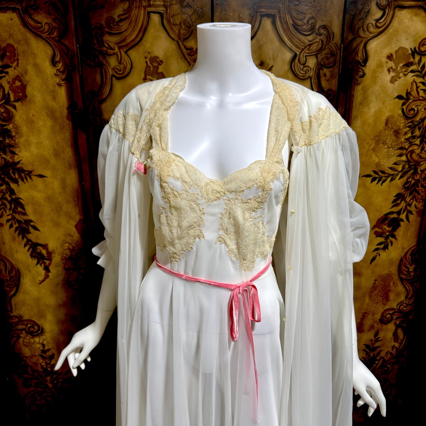 YOLANDE vintage 1940s Peignoir set, White bridal nightgown slip dress and robe