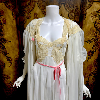 YOLANDE vintage 1940s Peignoir set, White bridal nightgown slip dress and robe