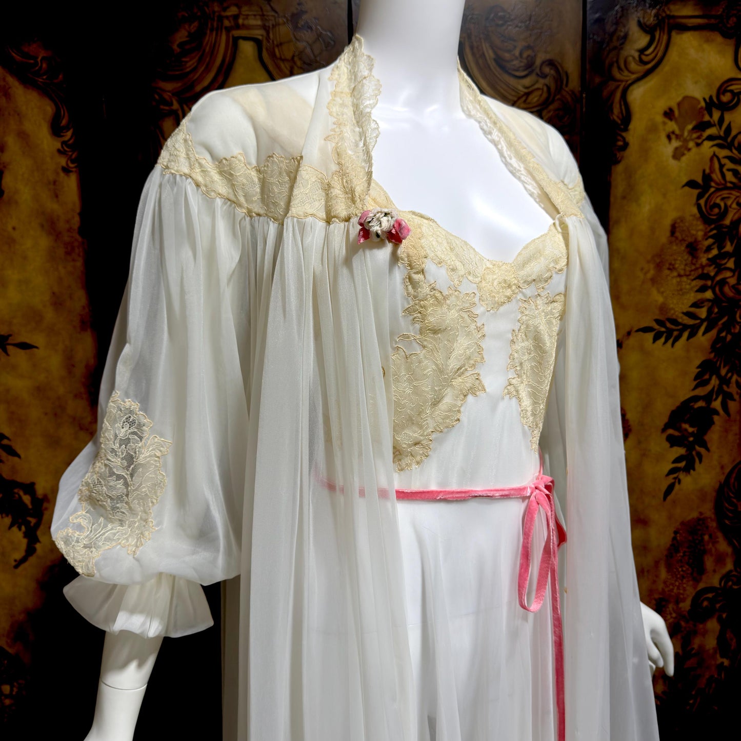 YOLANDE vintage 1940s Peignoir set, White bridal nightgown slip dress and robe