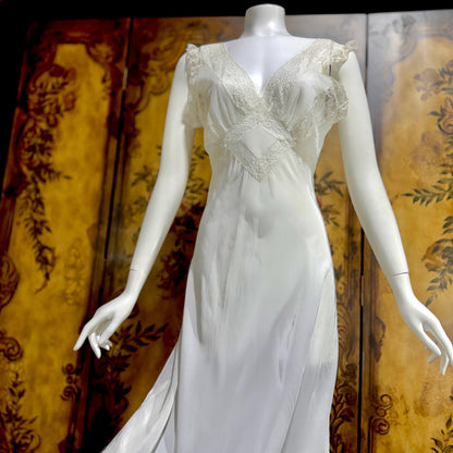 TROUSSEAU vintage 1940s nightgown slip dress, Silky White full length lingerie dress