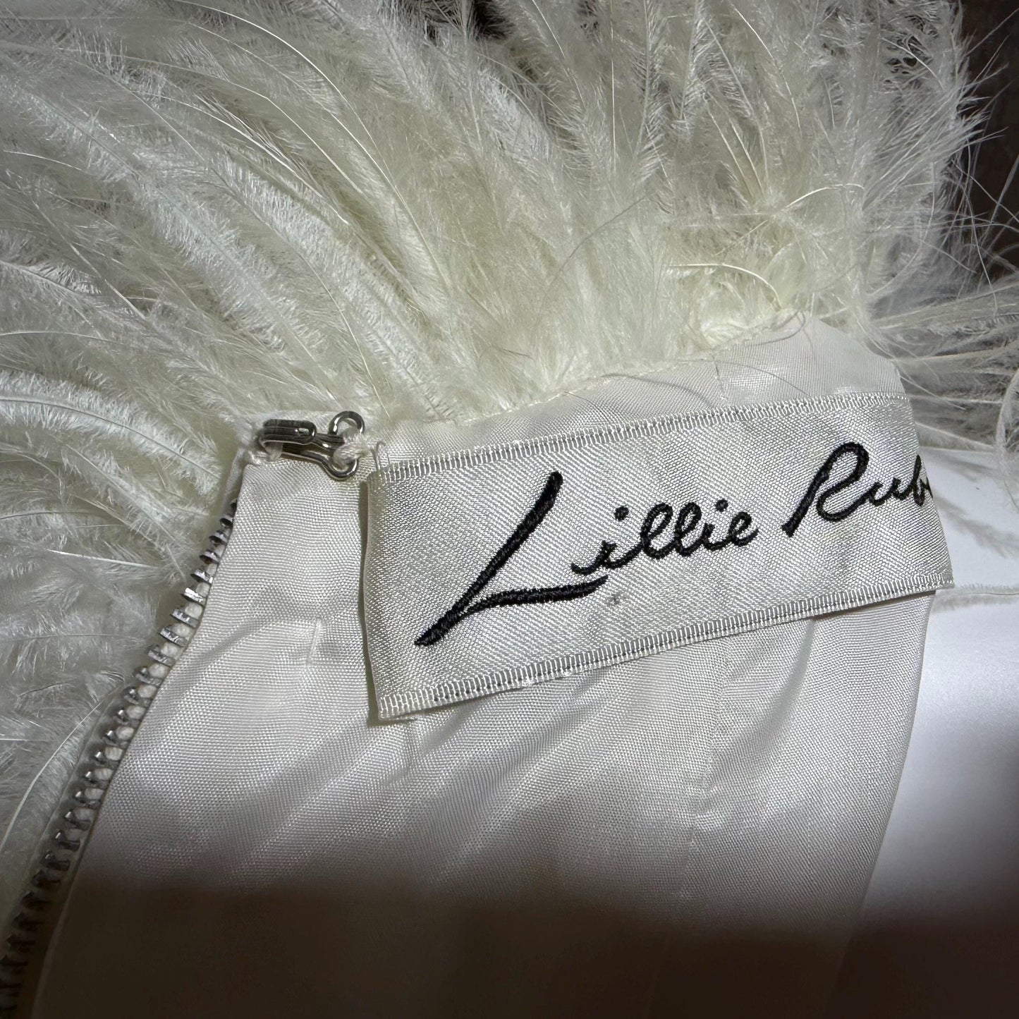LILLIE RUBIN Vintage evening dress gown, 1970s White Chiffon Ostrich Feather Gown