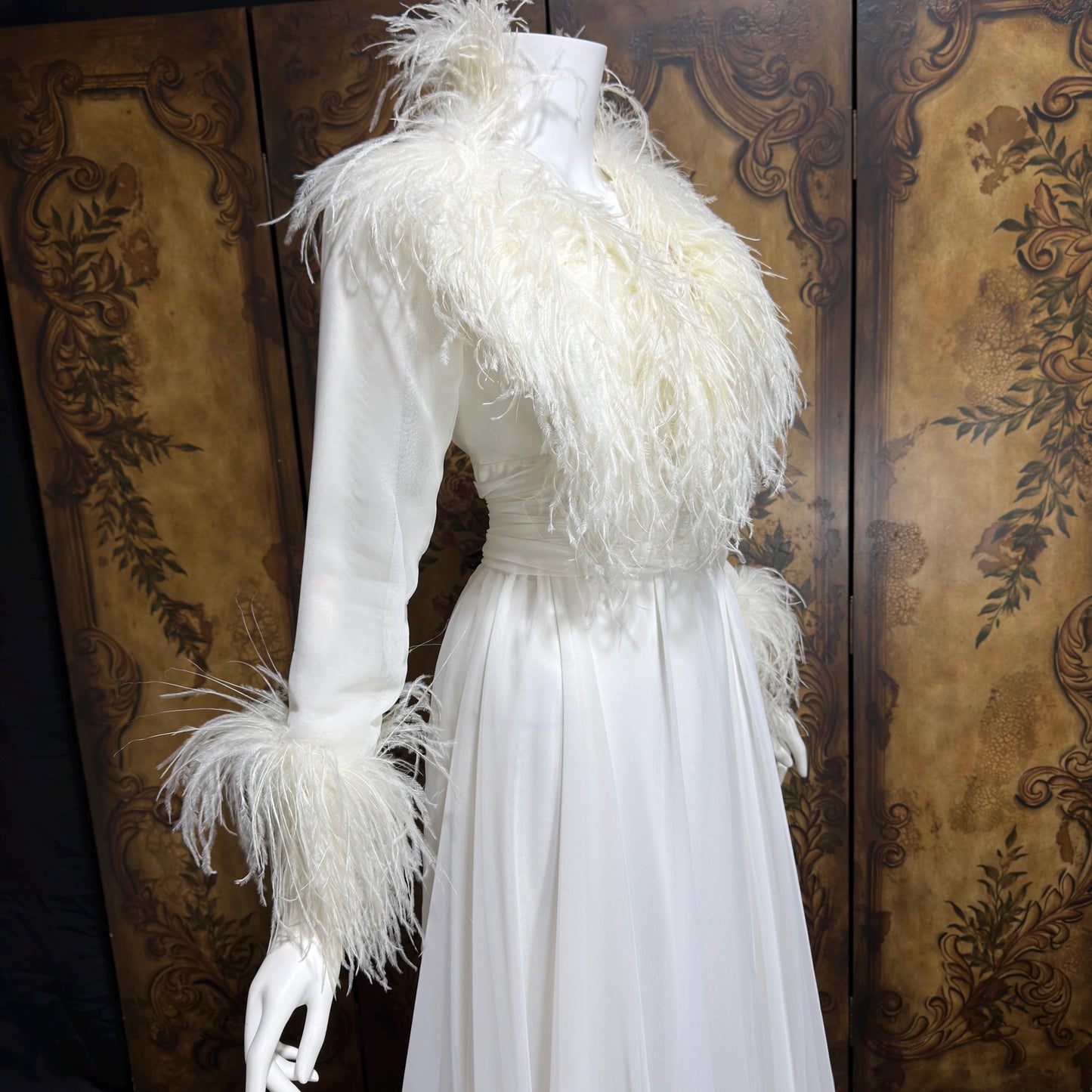 LILLIE RUBIN Vintage evening dress gown, 1970s White Chiffon Ostrich Feather Gown