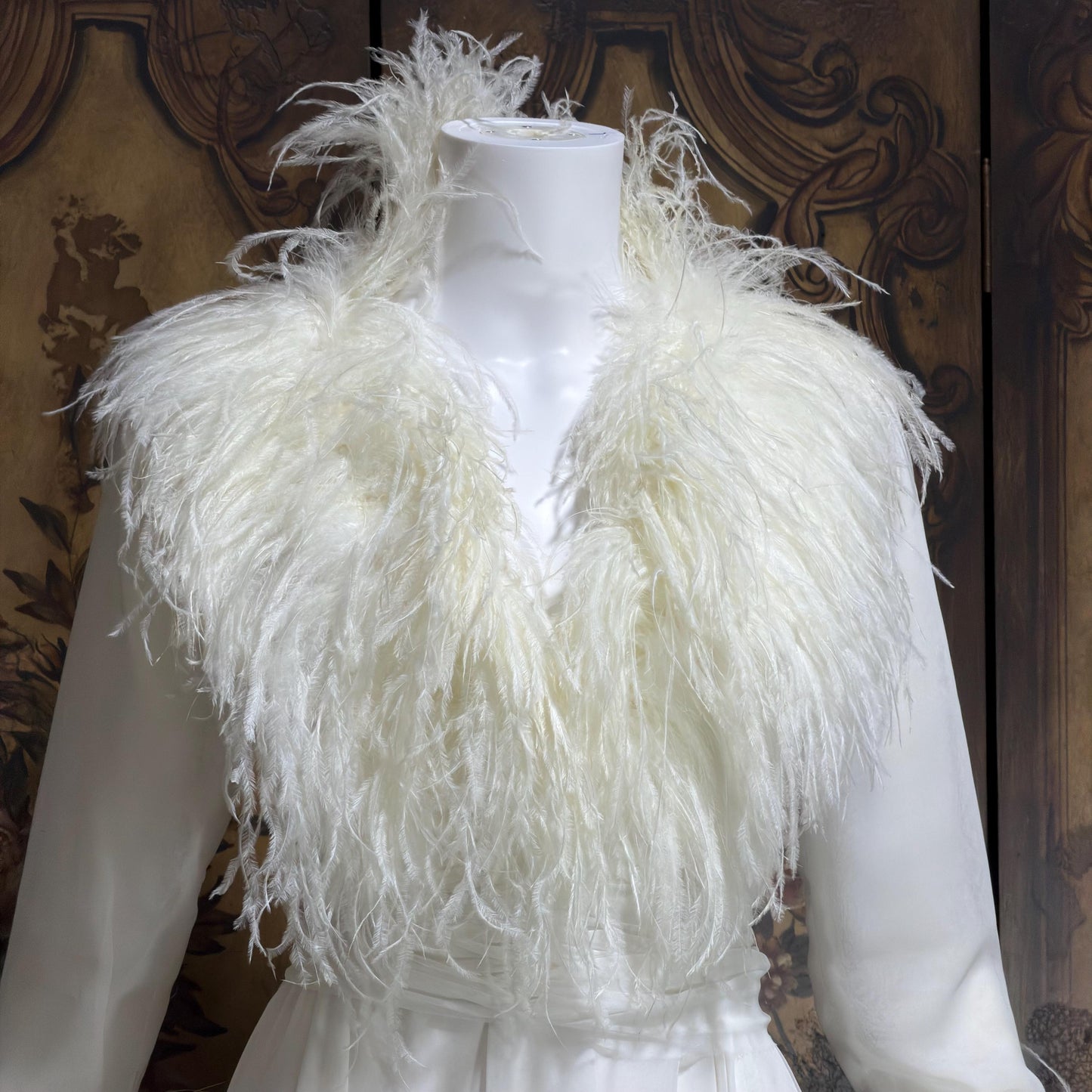 LILLIE RUBIN Vintage evening dress gown, 1970s White Chiffon Ostrich Feather Gown