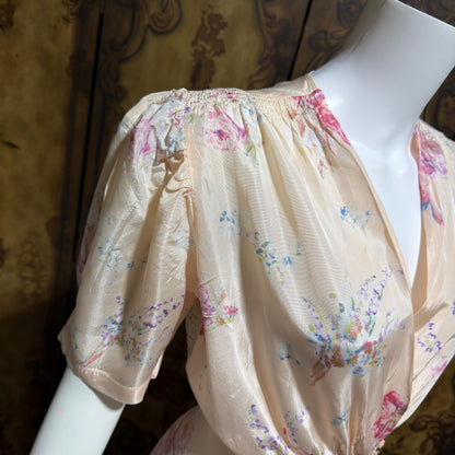 1930s vintage dressing gown robe, Peachy Pink Satin Rose print floral wrap hostess gown