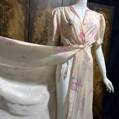 1930s vintage dressing gown robe, Peachy Pink Satin Rose print floral wrap hostess gown