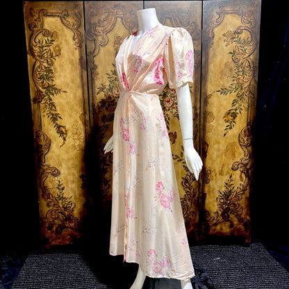 1930s vintage dressing gown robe, Peachy Pink Satin Rose print floral wrap hostess gown