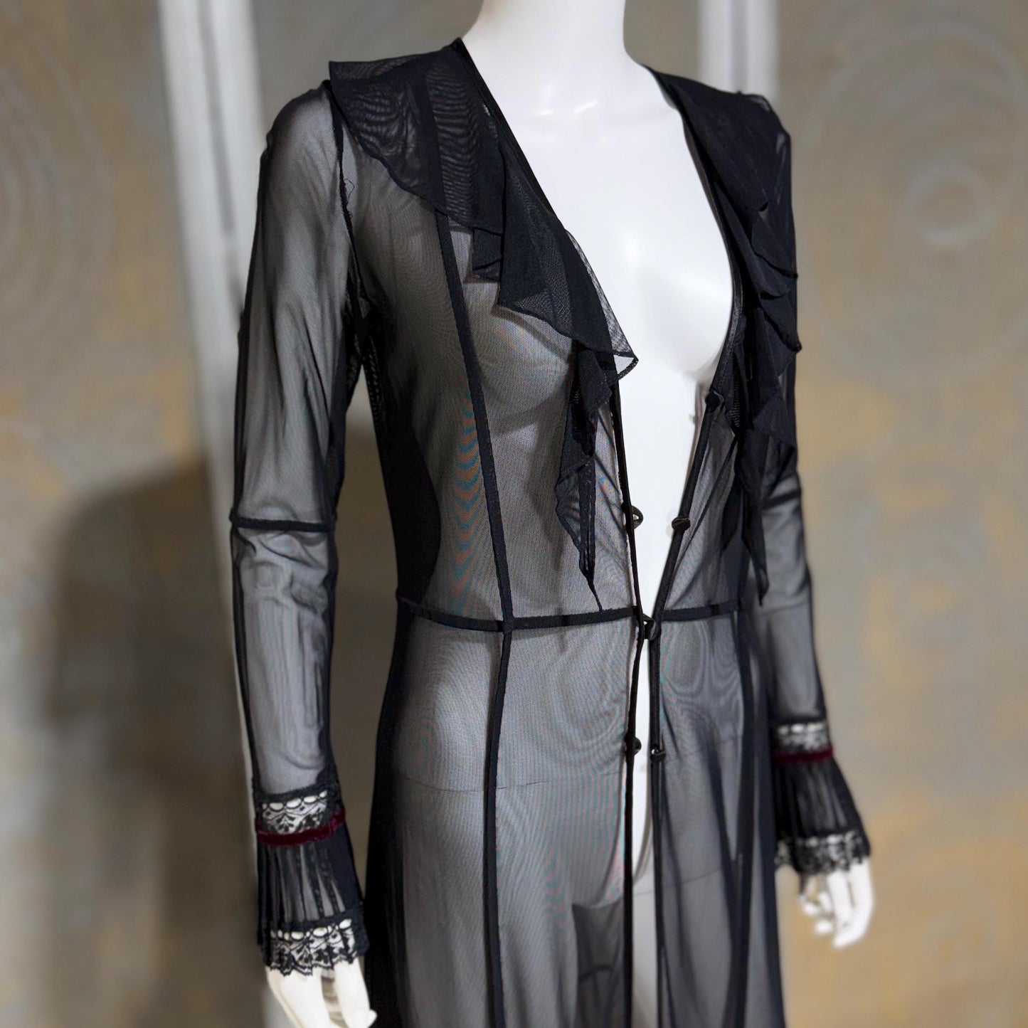 SUE WONG vintage Y2K evening coat duster, Sheer Black Mesh Rosette maxi robe