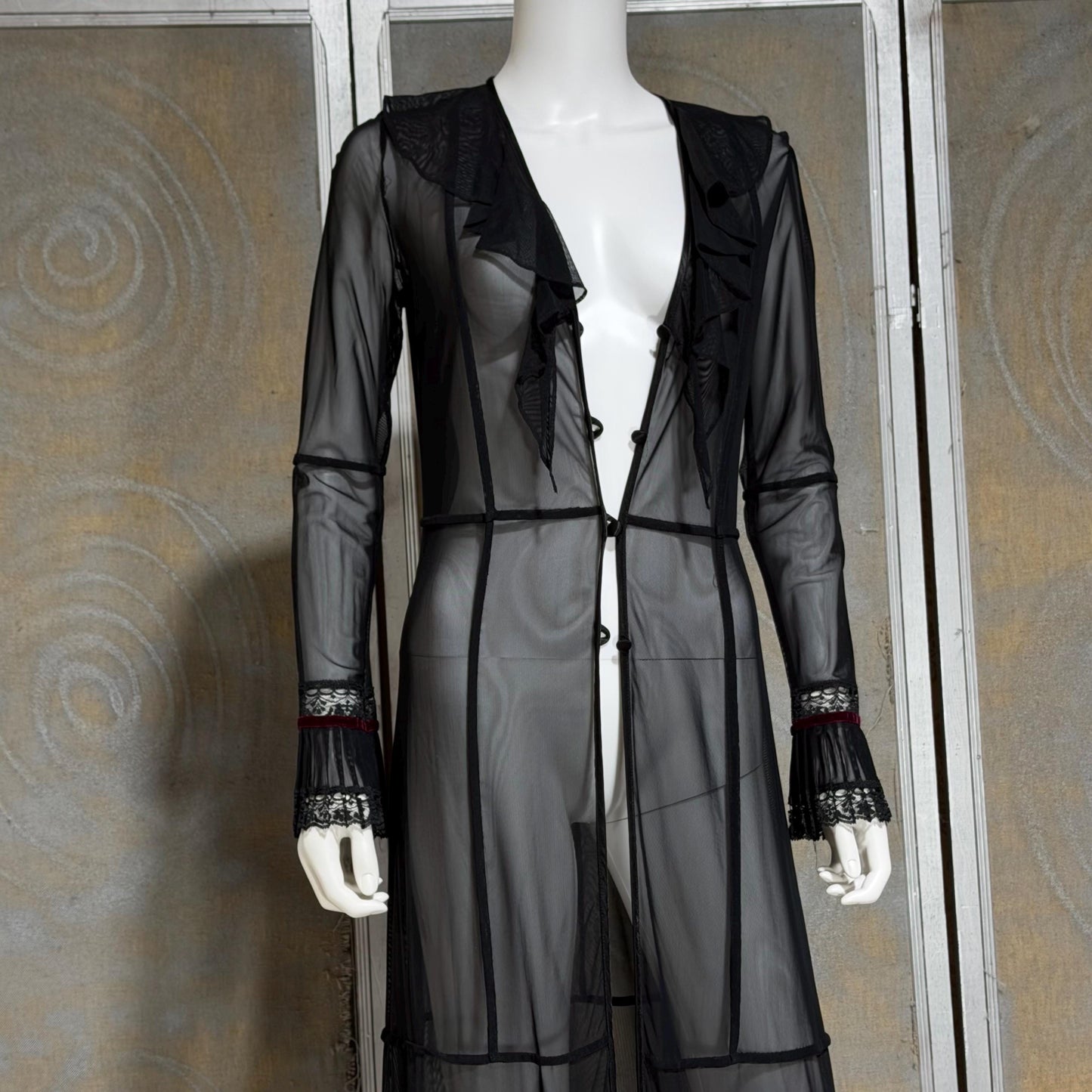 SUE WONG vintage Y2K evening coat duster, Sheer Black Mesh Rosette maxi robe