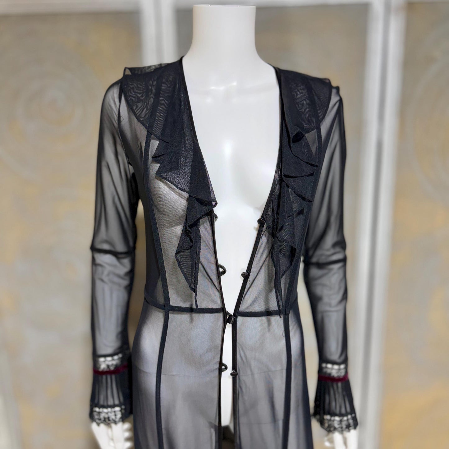 SUE WONG vintage Y2K evening coat duster, Sheer Black Mesh Rosette maxi robe