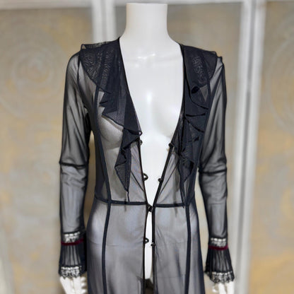 SUE WONG vintage Y2K evening coat duster, Sheer Black Mesh Rosette maxi robe