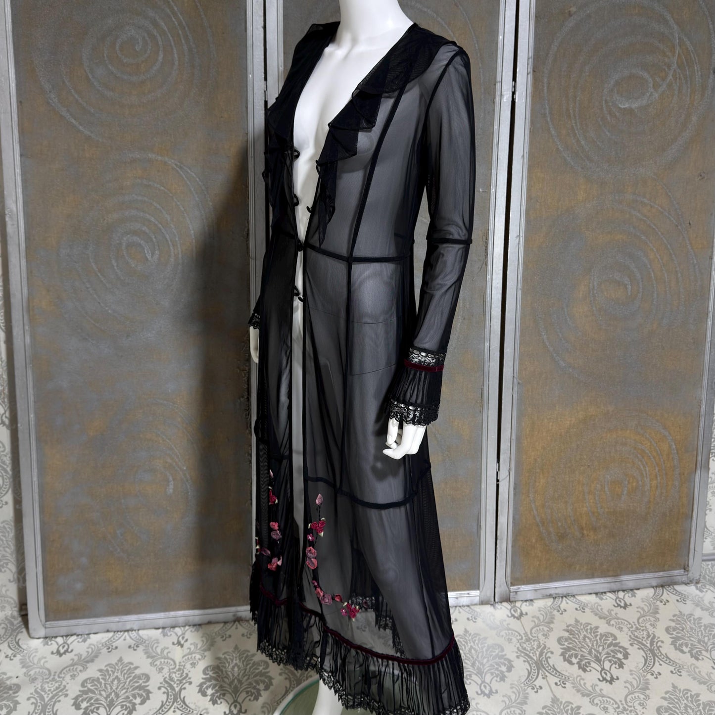 SUE WONG vintage Y2K evening coat duster, Sheer Black Mesh Rosette maxi robe
