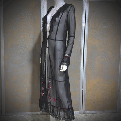 SUE WONG vintage Y2K evening coat duster, Sheer Black Mesh Rosette maxi robe