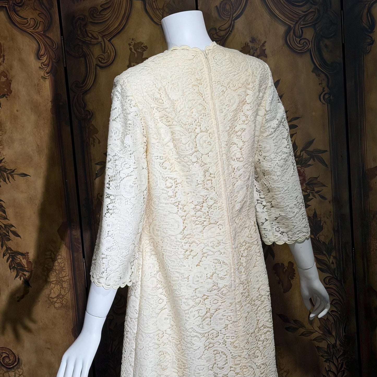 CHEZ MARGO Vintage evening dress gown, 1970s Margate NJ White Lace Shift Gown
