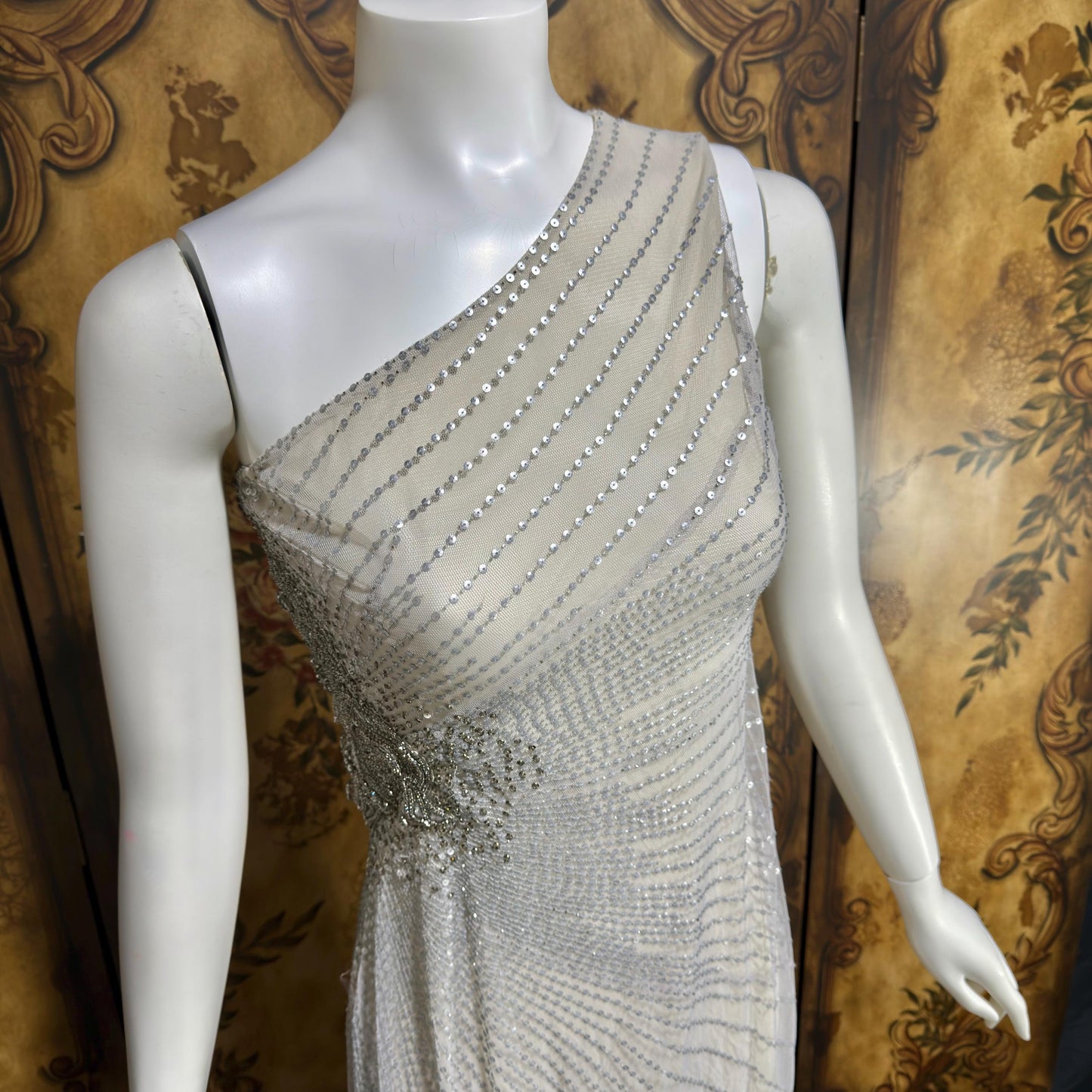 JENNY PACKHAM vintage evening dress gown, Y2K silver sequin one shoulder gown