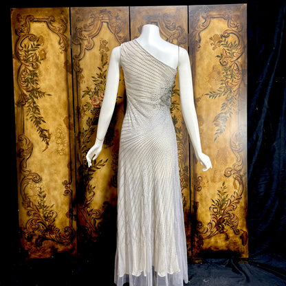 JENNY PACKHAM vintage evening dress gown, Y2K silver sequin one shoulder gown