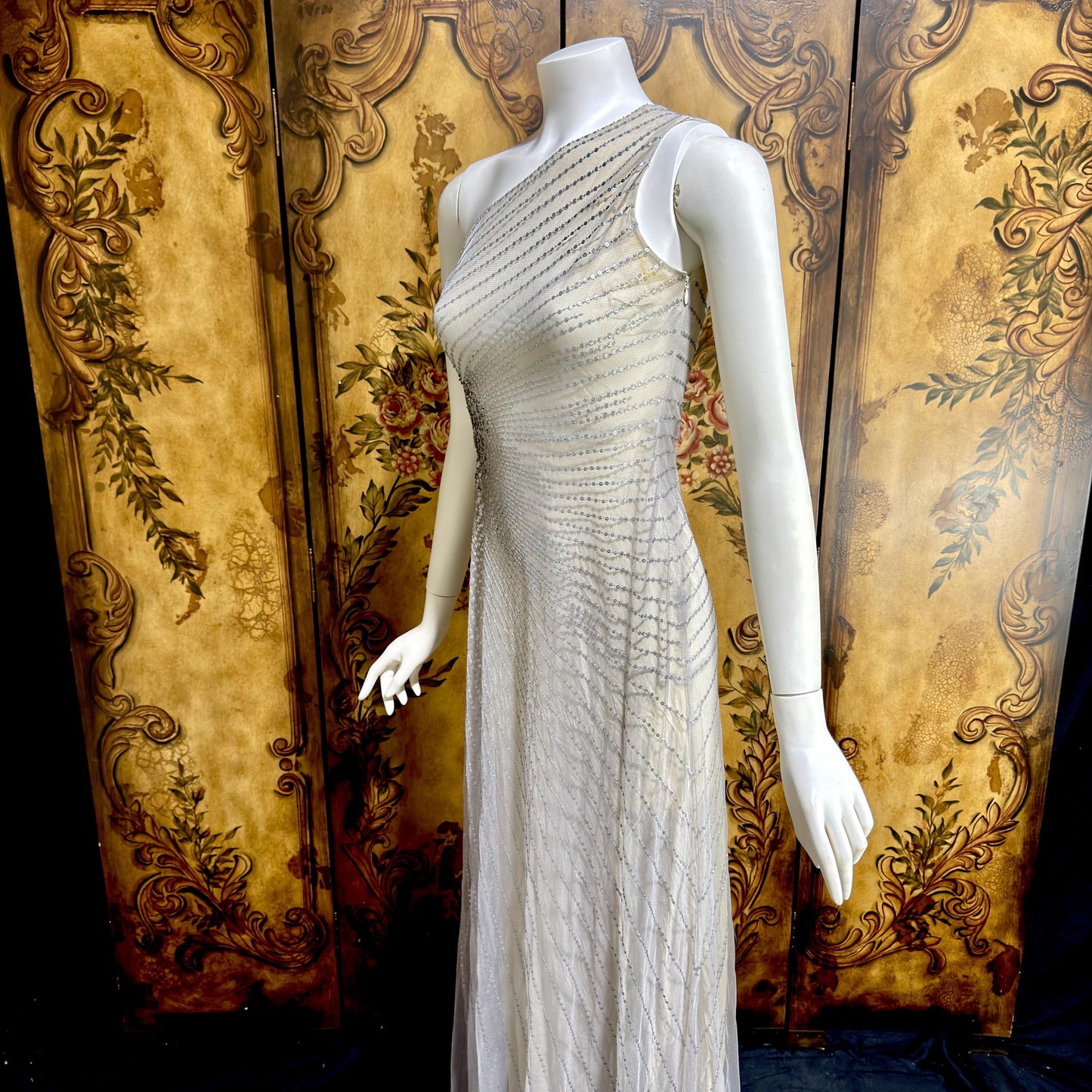 JENNY PACKHAM vintage evening dress gown, Y2K silver sequin one shoulder gown