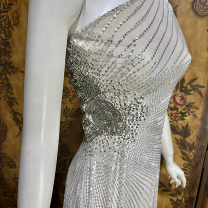 JENNY PACKHAM vintage evening dress gown, Y2K silver sequin one shoulder gown