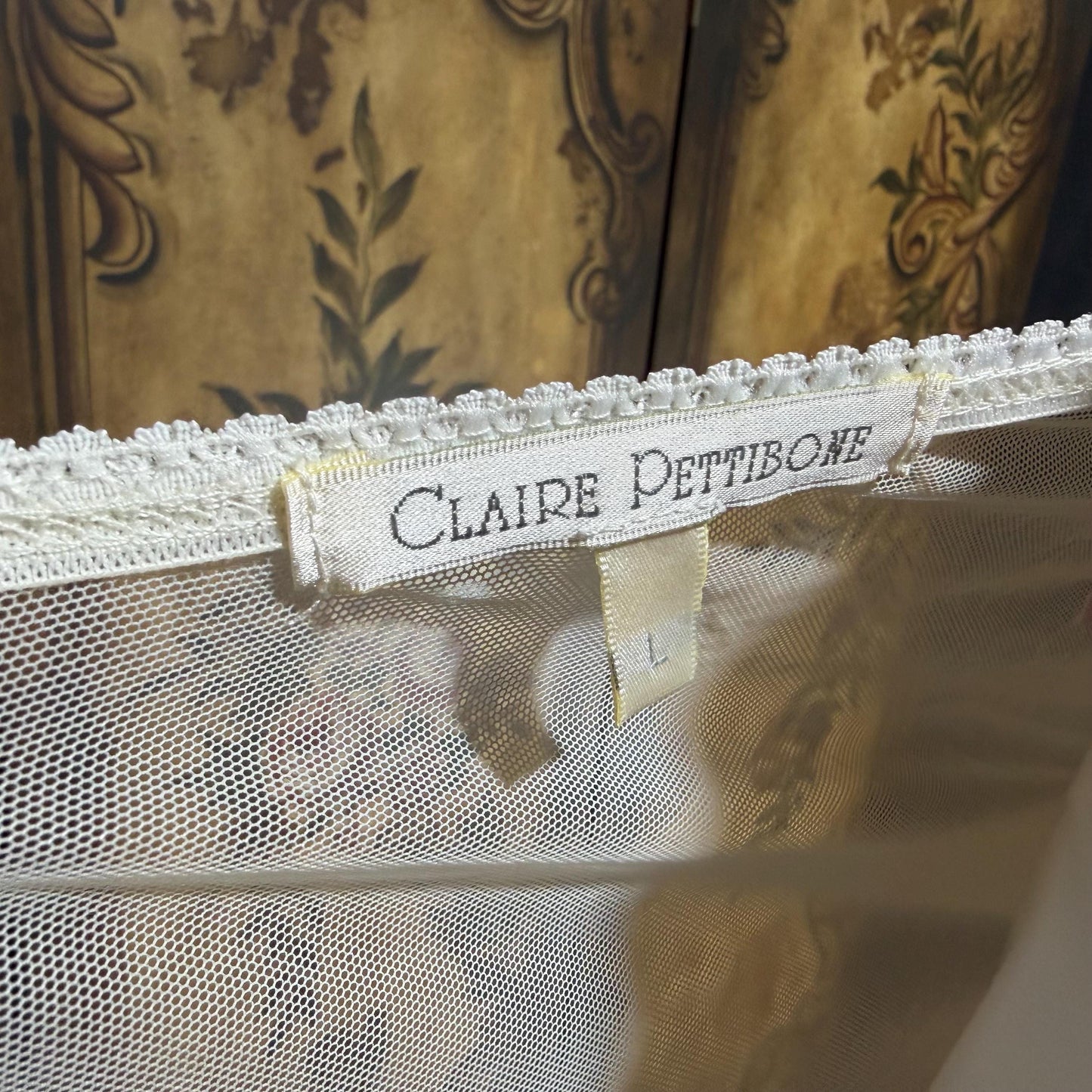 CLAIRE PETTIBONE, vintage wedding coat robe, white sheer nylon embroidery dressing gown