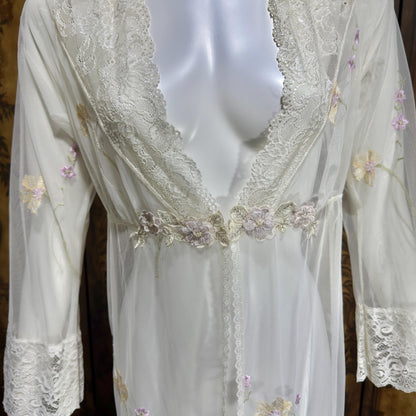 CLAIRE PETTIBONE, vintage wedding coat robe, white sheer nylon embroidery dressing gown