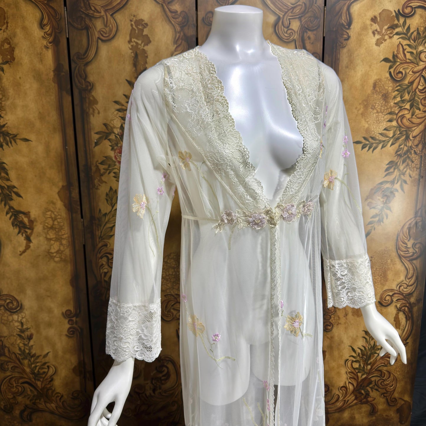 CLAIRE PETTIBONE, vintage wedding coat robe, white sheer nylon embroidery dressing gown
