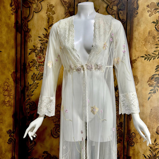 CLAIRE PETTIBONE, vintage wedding coat robe, white sheer nylon embroidery dressing gown