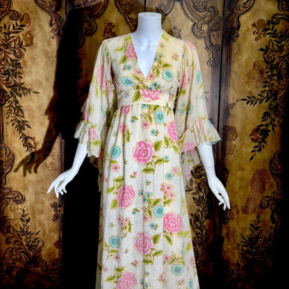 1970s Vintage floral Maxi Dress, Gauzy Angel sleeve Hippie Boho Garden Party dress