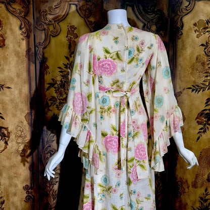 1970s Vintage floral Maxi Dress, Gauzy Angel sleeve Hippie Boho Garden Party dress