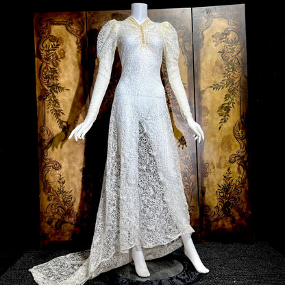 1940s vintage wedding dress, White sheer lace long sleeve sheath gown with train