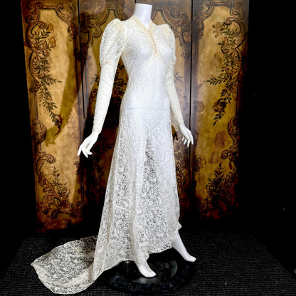 1940s vintage wedding dress, White sheer lace long sleeve sheath gown with train