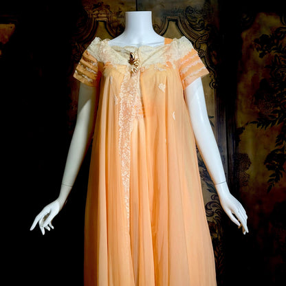 MALOOF Vintage 1950s nightgown robe set, peignoir set, Double layer Peach chiffon lingerie dress