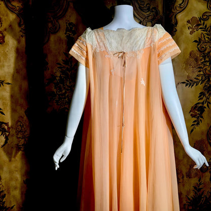 MALOOF Vintage 1950s nightgown robe set, peignoir set, Double layer Peach chiffon lingerie dress